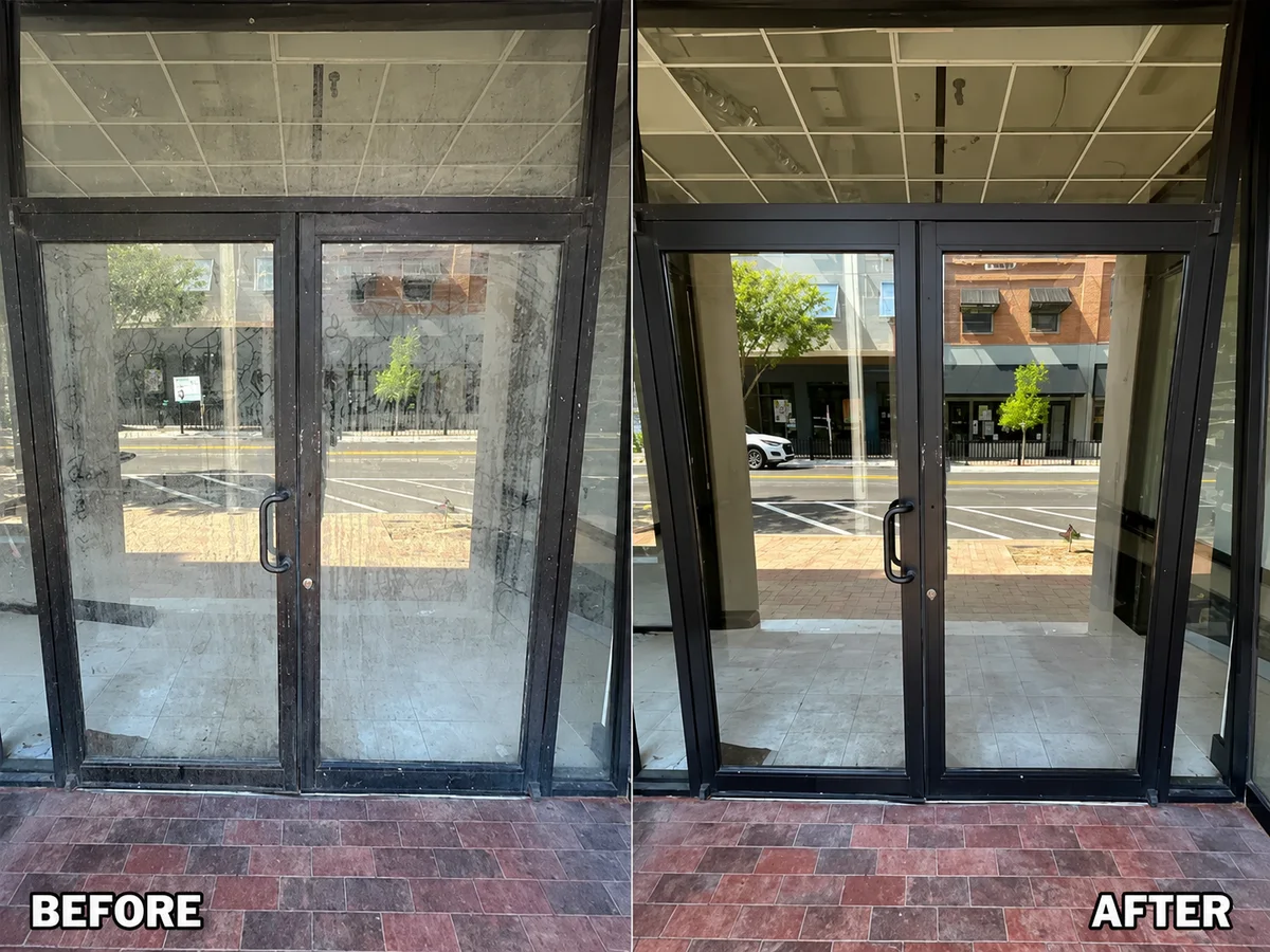 Before and after storefront entry glass cleaning