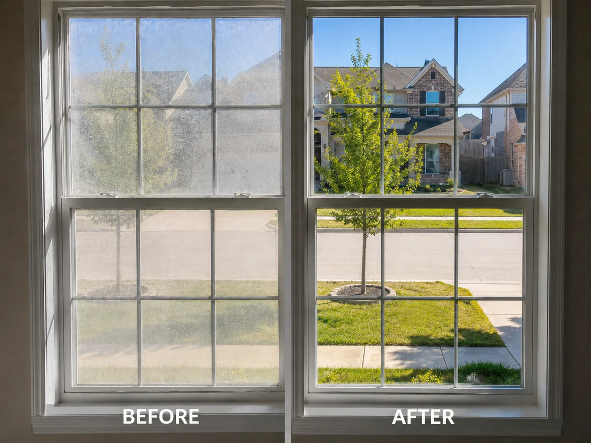 Before and after residential window cleaning with a clear neighborhood view